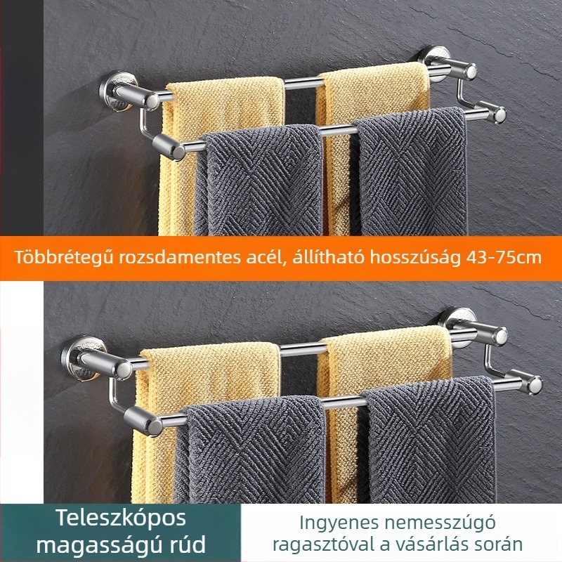 Rozsdamentes acél falra szerelhető kihúzható törölközőtartó, háromszintes, finom polírozás, teherbírás 25 kg