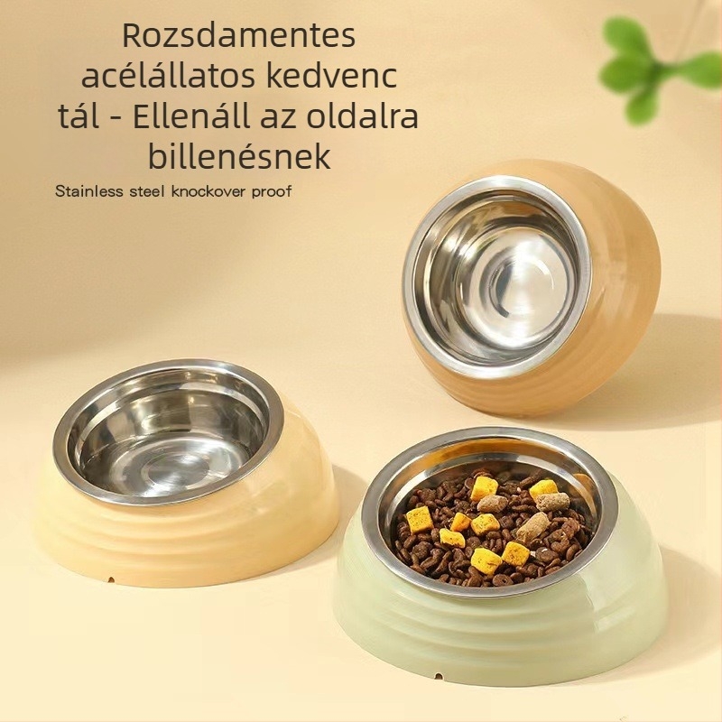 Macska etető tál műanyagból és rozsdamentes acélból, döntött száj a nyak védelmére, márka Qichong