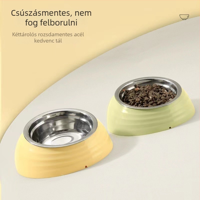 Macska etető tál műanyagból és rozsdamentes acélból, döntött száj a nyak védelmére, márka Qichong