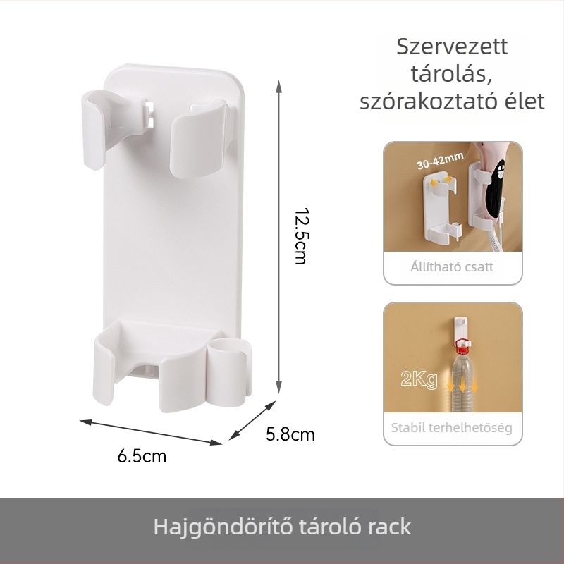 Fali hajcsavaró tároló – fúrásmentes szerelés, fürdőszobai tároló, műanyagból