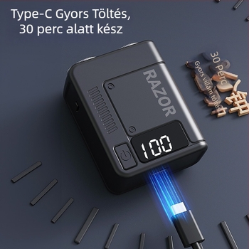 Kis méretű elektromos borotva forgó fejű, két pengével, USB-töltés, beépített akkumulátor 300–500 mAh, 30 perces üzemidő