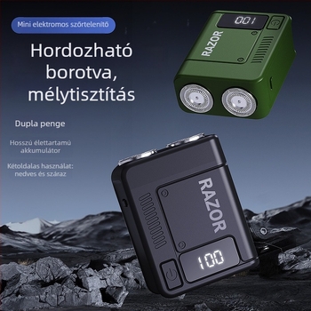 Kis méretű elektromos borotva forgó fejű, két pengével, USB-töltés, beépített akkumulátor 300–500 mAh, 30 perces üzemidő