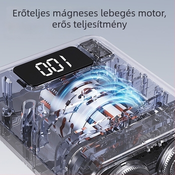 Kis méretű elektromos borotva forgó fejű, két pengével, USB-töltés, beépített akkumulátor 300–500 mAh, 30 perces üzemidő