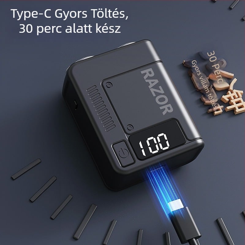 Kis méretű elektromos borotva forgó fejű, két pengével, USB-töltés, beépített akkumulátor 300–500 mAh, 30 perces üzemidő