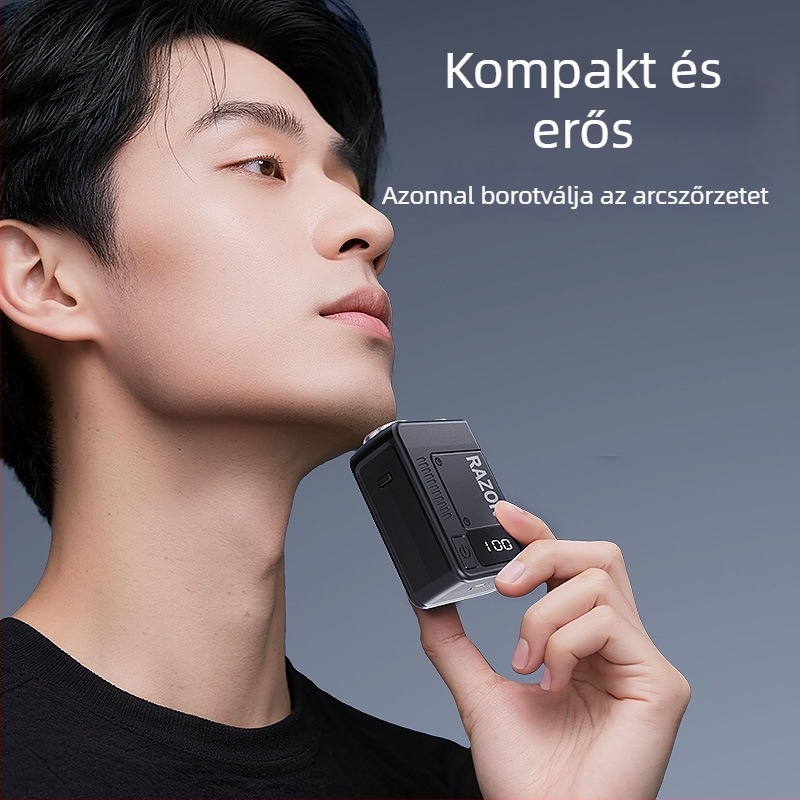 Kis méretű elektromos borotva forgó fejű, két pengével, USB-töltés, beépített akkumulátor 300–500 mAh, 30 perces üzemidő