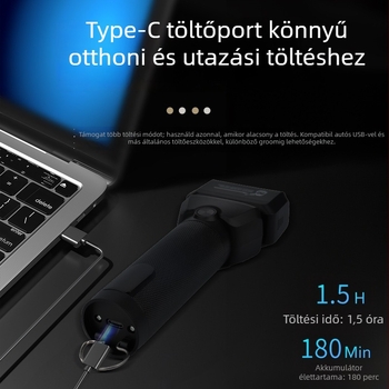 Teljesen fém testű elektromos borotva, lebegő fejű, kétélezésű recirkáló fej, mosható fej, beépített akkumulátor 500–800 mAh, üzemidő több mint 60 perc, újratölthető