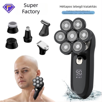 6 az 1-ben elektromos borotva testhez és hátához, beépített 500–800 mAh akkumulátorral, 90 perc üzemidő, LED kijelző, lebegő forgó fej, teljes test mosás
