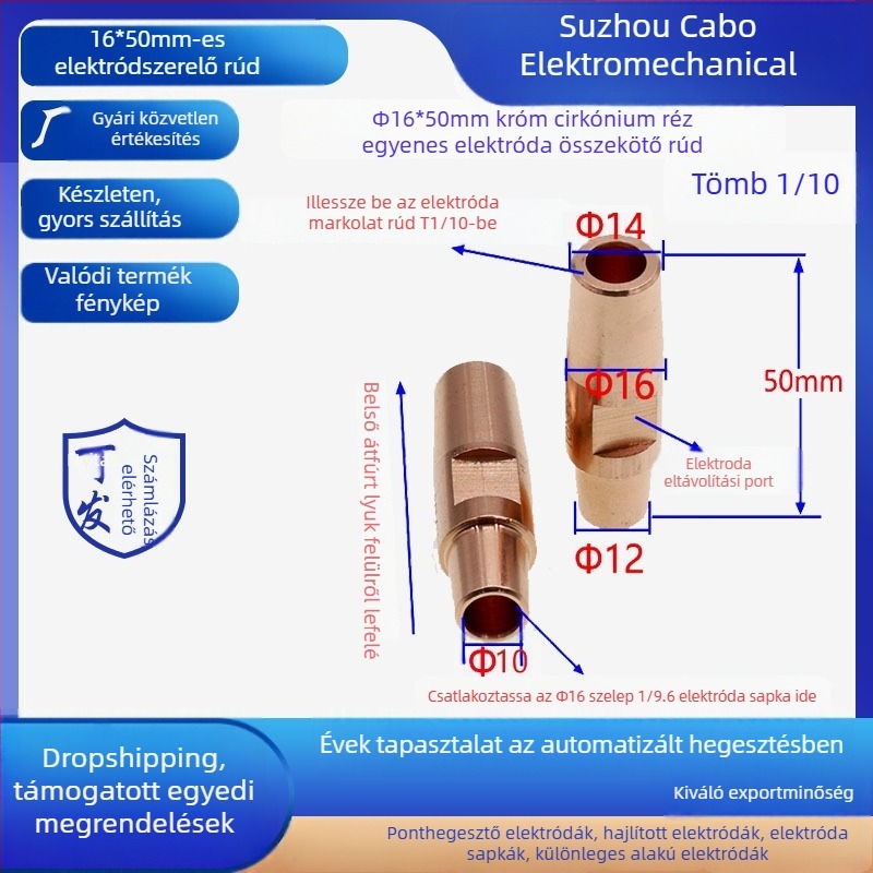Ponthegesztő fej, Króm-zirkónium réz ötvözet, Modell C18150, Működési hőmérséklet 400°C, Varrási áram 20000 A