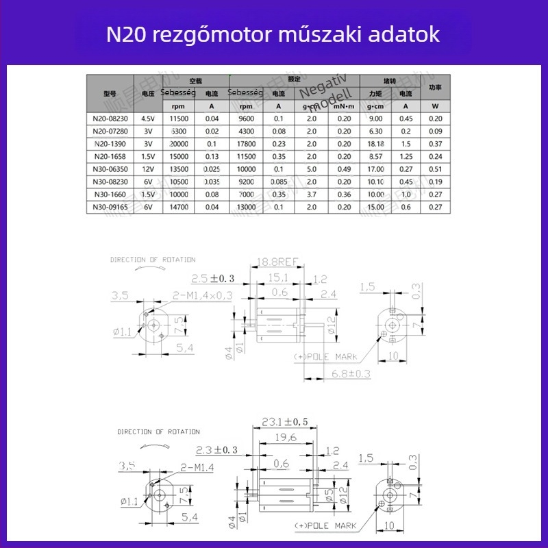 N20 rezgőmotor, mikromotor, 4,5 V DC, 9600 rpm, 0,2 W, 0,1 A