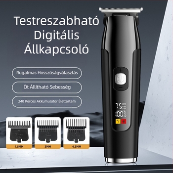 Elektromos hajvágó, öt sebesség, beépített 1200–2000 mAh akkumulátor, levehető és mosható rozsdamentes acél pengével, digitális kijelző