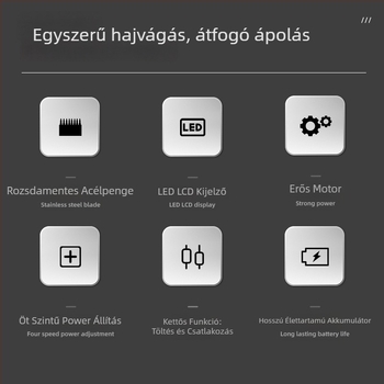 Elektromos hajvágó, öt sebesség, beépített 1200–2000 mAh akkumulátor, levehető és mosható rozsdamentes acél pengével, digitális kijelző