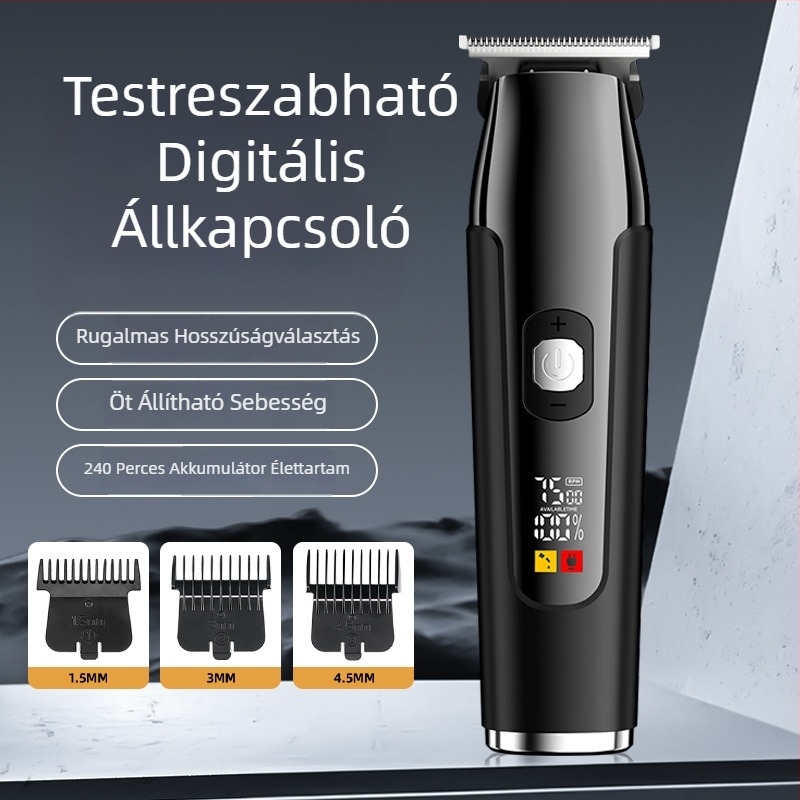 Elektromos hajvágó, öt sebesség, beépített 1200–2000 mAh akkumulátor, levehető és mosható rozsdamentes acél pengével, digitális kijelző