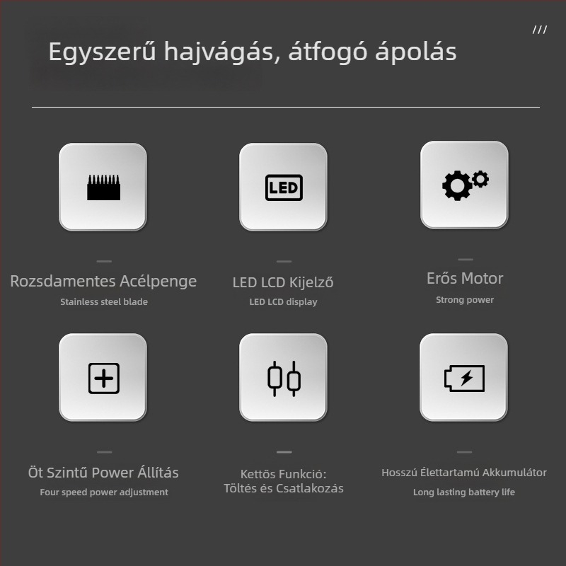 Elektromos hajvágó, öt sebesség, beépített 1200–2000 mAh akkumulátor, levehető és mosható rozsdamentes acél pengével, digitális kijelző