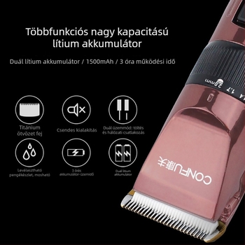 T96 hajvágó, újratölthető, kerámia penge, levehető, mosható vágófej, 800–1000mAh akkumulátor, üzemidő 1–3 óra