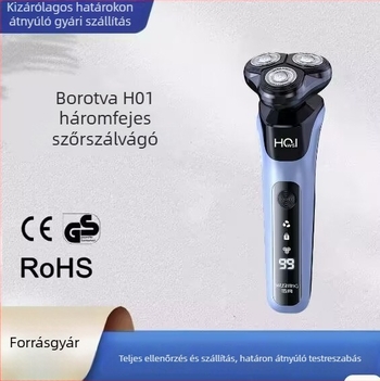 LED-kijelzős elektromos borotva, forgó hárompengés fej, leválasztható és mosható fej, beépített újratölthető akkumulátor 300–500 mAh, lebegő fej