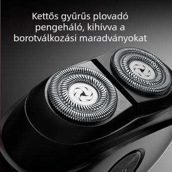 Kéthasú borotva kettős forgófejjel, teljesen mosható, lebegő fej, beépített 500–800 mAh akkumulátor, üzemidő 30–45 perc