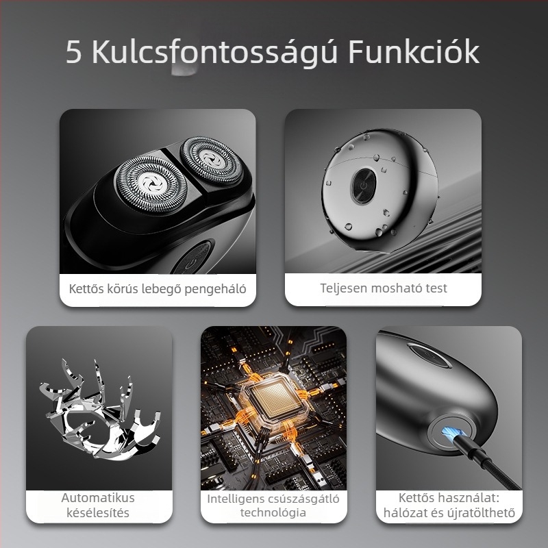 Kéthasú borotva kettős forgófejjel, teljesen mosható, lebegő fej, beépített 500–800 mAh akkumulátor, üzemidő 30–45 perc