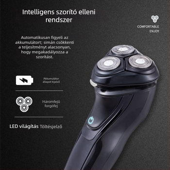 Elektromos borotva hárompengés forgófejjel, lebegő vágófej, szénkefe nélküli motor, beépített akkumulátor, üzemidő 45–60 perc (Három pengés forgófej, lebegő vágófej, szénkefe nélküli motor, beépített akkumulátor, üzemidő 45–60 perc)