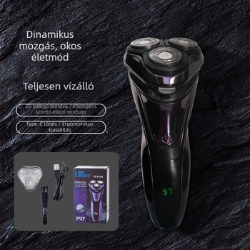 Elektromos borotva hárompengés forgófejjel, lebegő vágófej, szénkefe nélküli motor, beépített akkumulátor, üzemidő 45–60 perc (Három pengés forgófej, lebegő vágófej, szénkefe nélküli motor, beépített akkumulátor, üzemidő 45–60 perc)