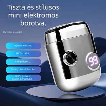 Elektromos arc- és testborotva, vízálló, LED kijelző, forgó fejű kétpengés kialakítás, USB töltés, beépített 500–800 mAh akkumulátor, alacsony zajszint