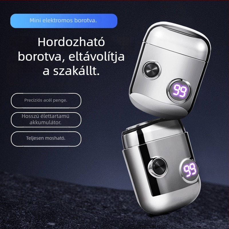 Elektromos arc- és testborotva, vízálló, LED kijelző, forgó fejű kétpengés kialakítás, USB töltés, beépített 500–800 mAh akkumulátor, alacsony zajszint