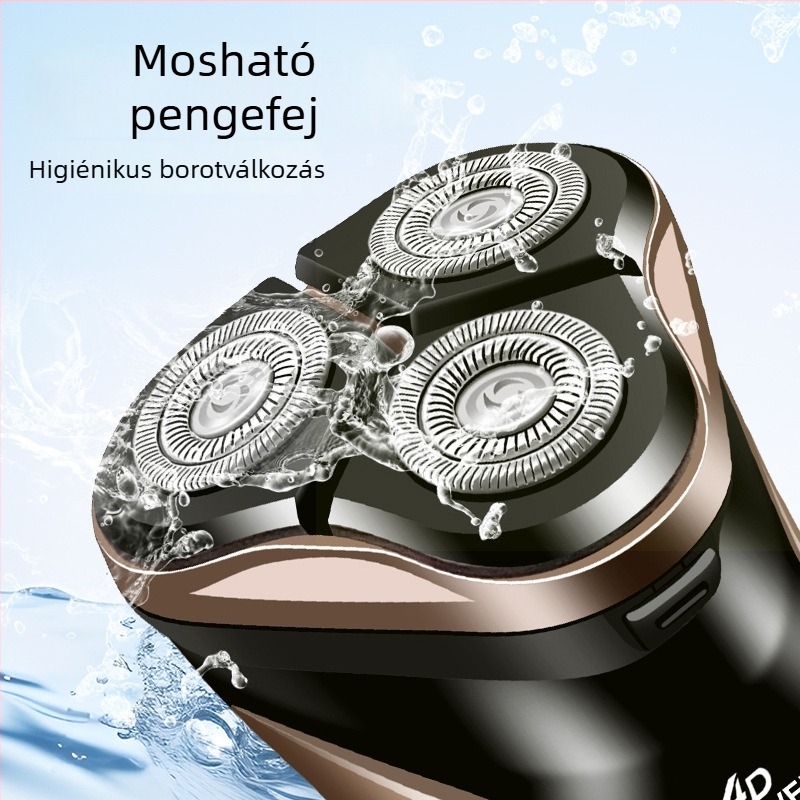 Elektromos borotva háromfejű rotációs lebegő fejjel, LED kijelző, brushless motor, beépített 300–500 mAh akkumulátor, mosható fej