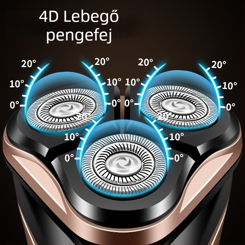 Elektromos borotva háromfejű rotációs lebegő fejjel, LED kijelző, brushless motor, beépített 300–500 mAh akkumulátor, mosható fej