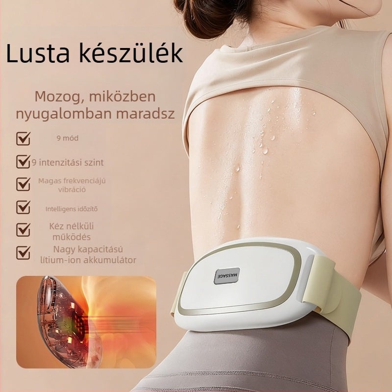 Töltővel újratölthető hasi masszírozó öv, 4 fejű masszázs, rezgés és forró kompressziós masszázs, mechanikus vezérlés, folyamatosan variálható áttétel