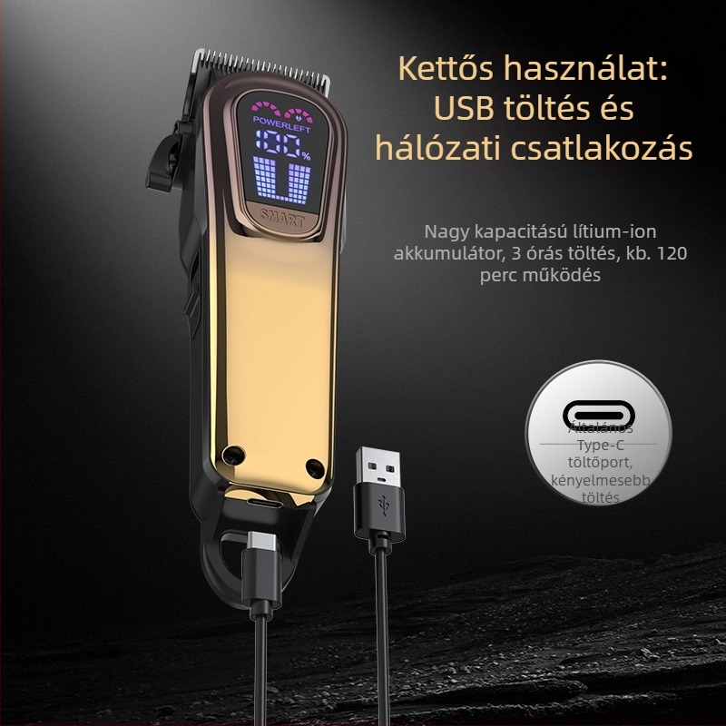 Öt sebesség beállítású elektromos hajvágó készlet beépített fejvilágítással, kivehető kerámia penge, újratölthető akkumulátor 2000–4000mAh, működési idő 1–3 óra.