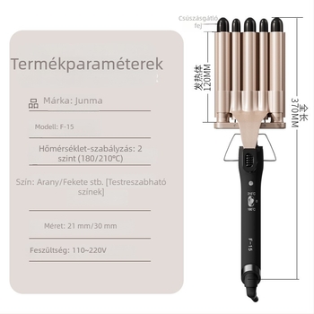Tojás-tekercselő hajvasaló ötcsöves kialakításban, víz-hullám mintázat; 75W, 110–220V, átmérő 21–30 mm, 2 szakasz, környezetbarát ötvözet
