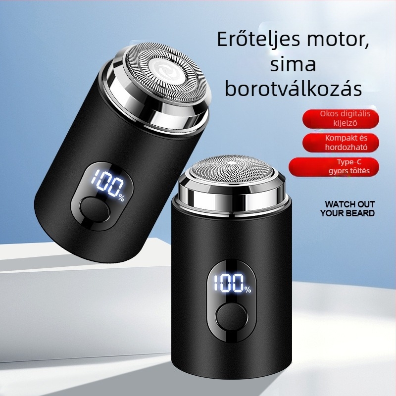 Férfiaknak tervezett elektromos borotva LCD kijelzővel – forgó fej, levehető, mosható fej, beépített akkumulátor, 30–45 perc üzemidő, újratölthető, zajmentes működés