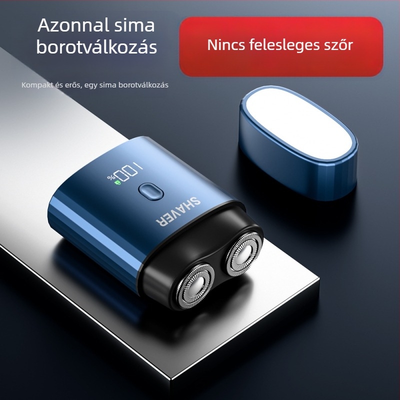 Elektronikus borotva lebegő fejjel, forgó két penge fej, levehető és mosható vágófej, beépített 300–500 mAh akkumulátor, üzemidő 45–60 perc