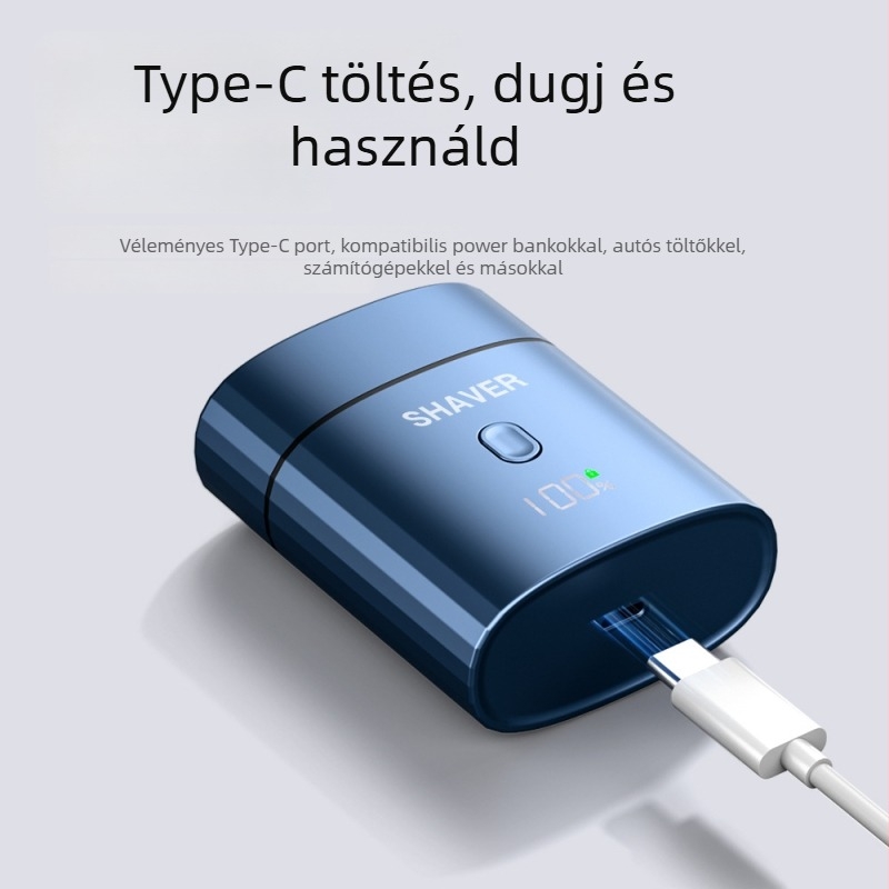 Elektronikus borotva lebegő fejjel, forgó két penge fej, levehető és mosható vágófej, beépített 300–500 mAh akkumulátor, üzemidő 45–60 perc