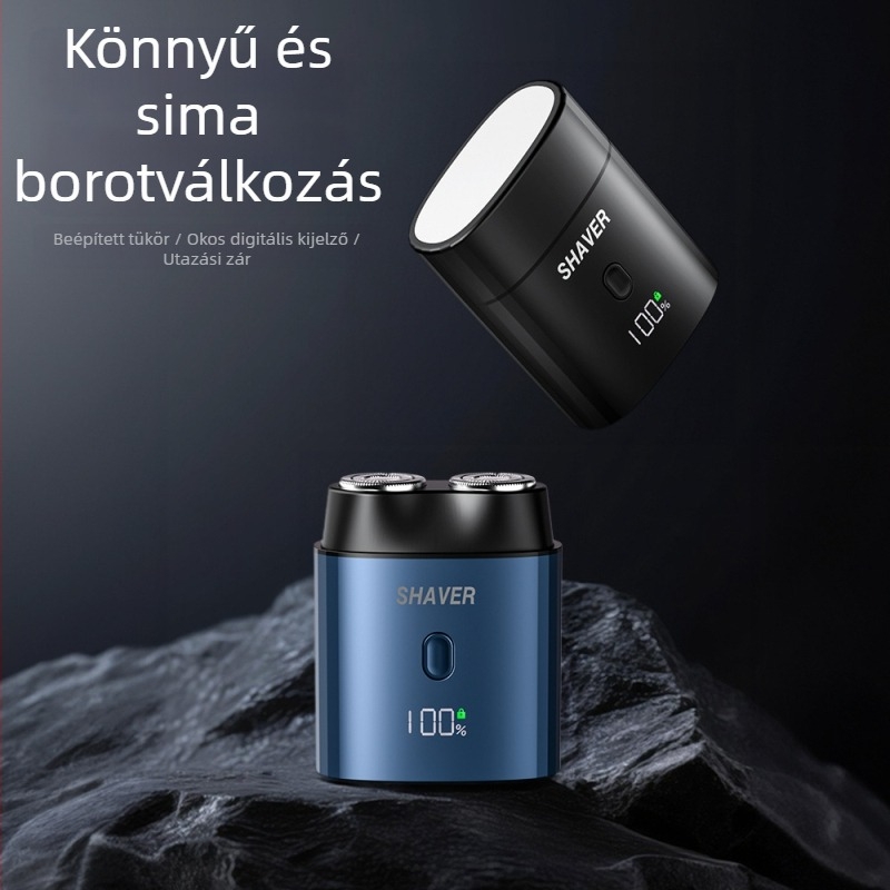Elektronikus borotva lebegő fejjel, forgó két penge fej, levehető és mosható vágófej, beépített 300–500 mAh akkumulátor, üzemidő 45–60 perc