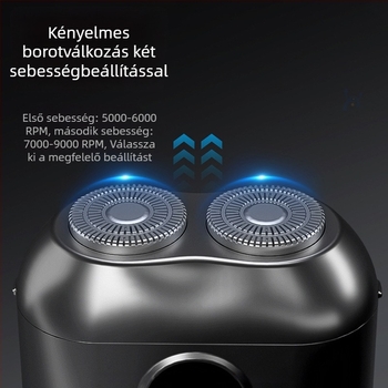 Két forgófejű elektromos borotva, kompakt utazáshoz, levehető mosható fej, brushless motor, töltés