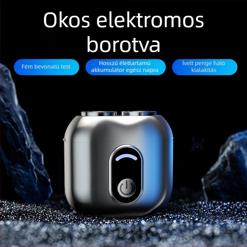 Két forgófejű elektromos borotva, kompakt utazáshoz, levehető mosható fej, brushless motor, töltés