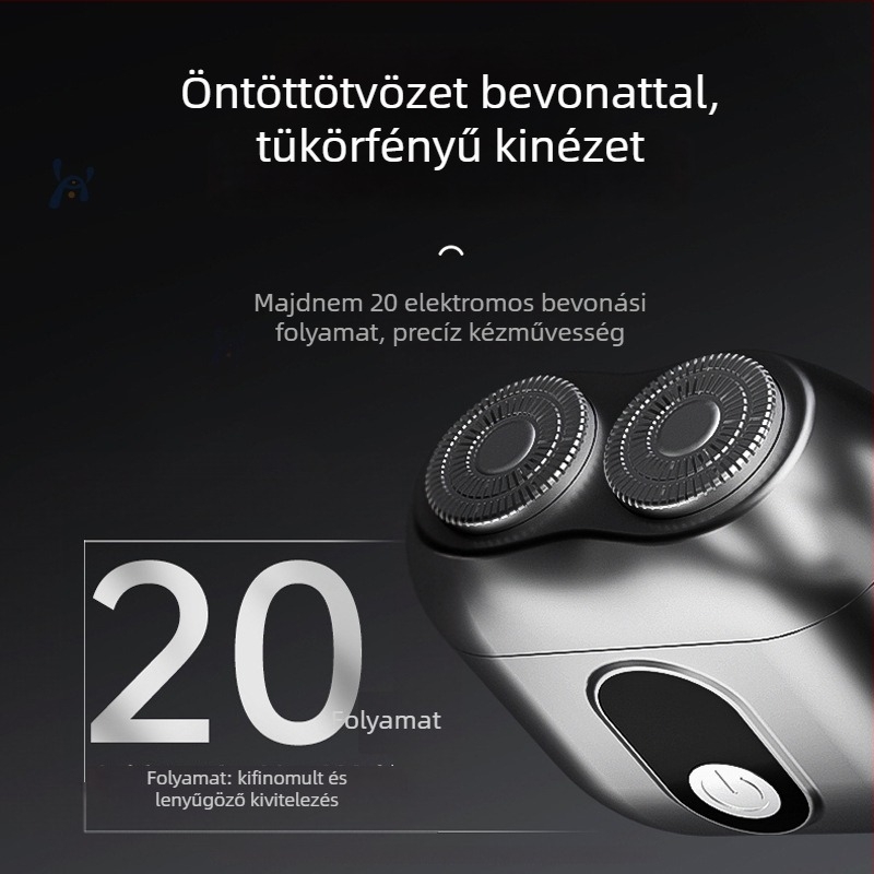 Két forgófejű elektromos borotva, kompakt utazáshoz, levehető mosható fej, brushless motor, töltés