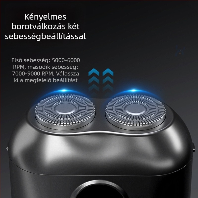 Két forgófejű elektromos borotva, kompakt utazáshoz, levehető mosható fej, brushless motor, töltés