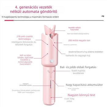 Vezeték nélküli automata göndörítő titan-turmalin bevonattal, 42W, 12V, 10 fokozat hőmérséklet-szabályozás
