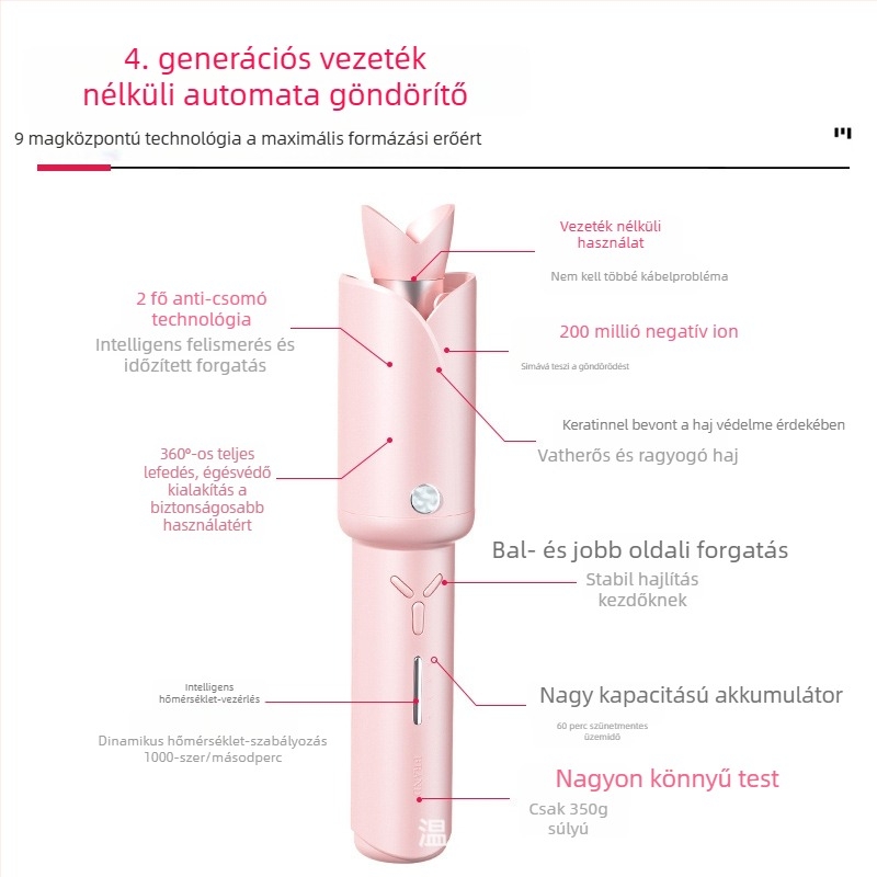 Vezeték nélküli automata göndörítő titan-turmalin bevonattal, 42W, 12V, 10 fokozat hőmérséklet-szabályozás