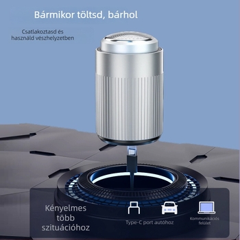 Elektromos borotva forgó fejjel, beépített 300–500 mAh akkumulátor, újratölthető, üzemidő akár 60 perc.