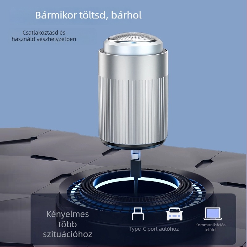 Elektromos borotva forgó fejjel, beépített 300–500 mAh akkumulátor, újratölthető, üzemidő akár 60 perc.