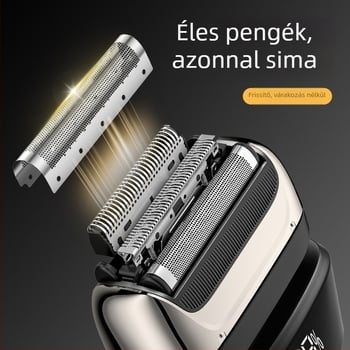 Háromfejű reciprocáló elektromos borotva férfiak számára, alumíniumötvözet, teljes testben mosható, LED kijelző, beépített 1000–1200 mAh akkumulátor, üzemidő akár 180 perc.