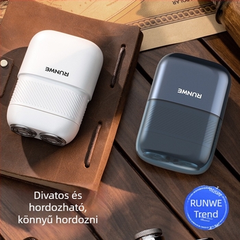 Elektronikus borotva forgó fejű, két pengével, egész testet mosható, beépített akkumulátor 500–800 mAh, üzemidő 60 perc, 5W