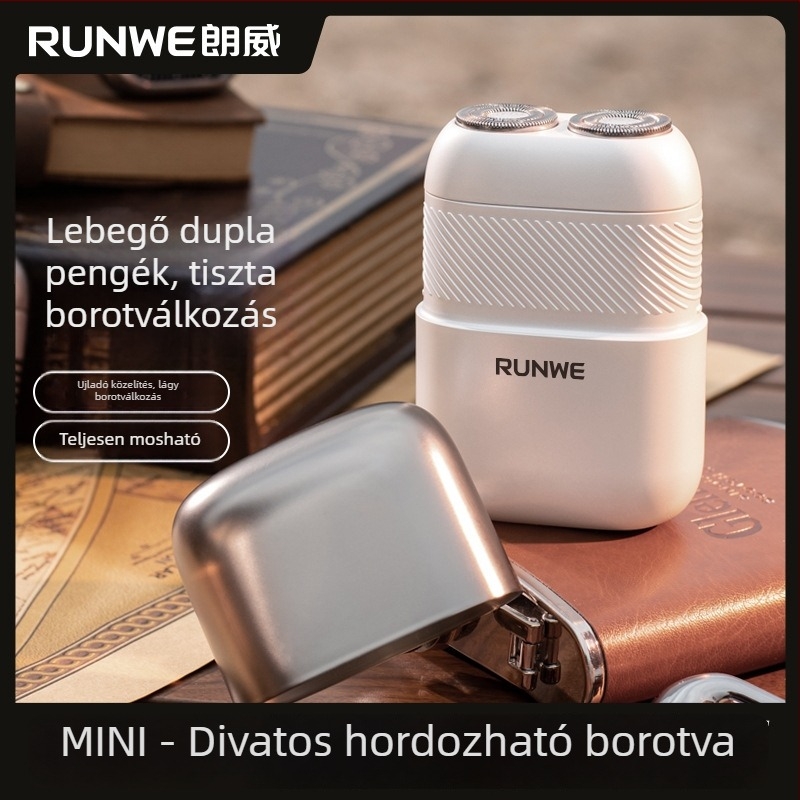 Elektronikus borotva forgó fejű, két pengével, egész testet mosható, beépített akkumulátor 500–800 mAh, üzemidő 60 perc, 5W