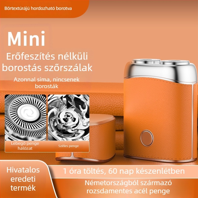 Mini elektromos borotva brushless motorral, forgó 2‑éles fej, USB töltés, nedves és száraz használat, 1 órás üzemidő.