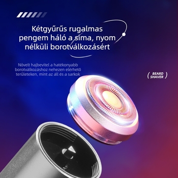 Elektromos borotva utazáshoz: lebegő vágófej, 1 forgó fej, kefés motor, beépített 300–500 mAh akkumulátor, üzemidő 30–45 perc