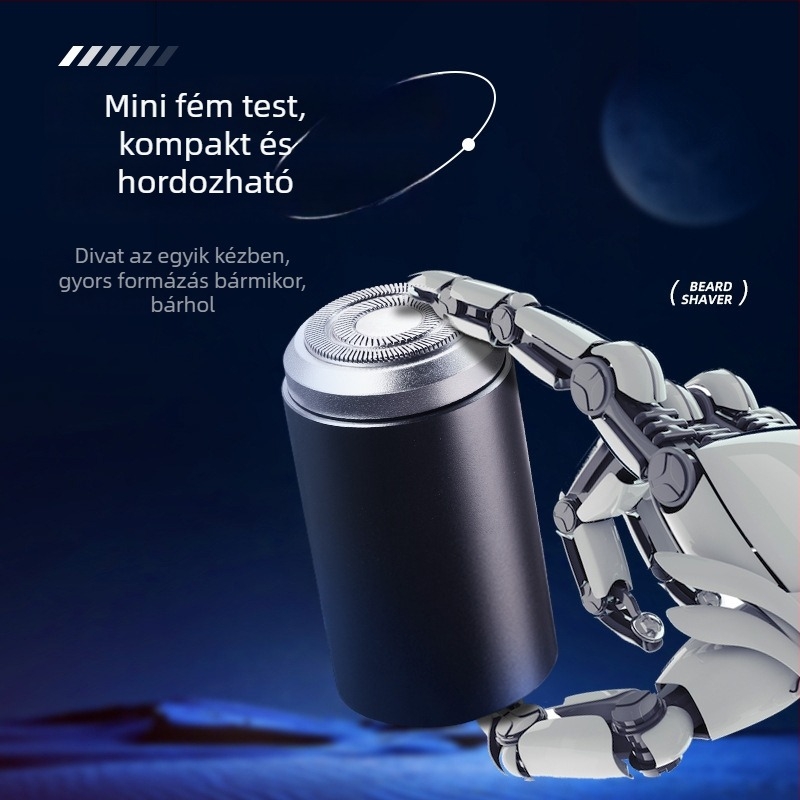 Elektromos borotva utazáshoz: lebegő vágófej, 1 forgó fej, kefés motor, beépített 300–500 mAh akkumulátor, üzemidő 30–45 perc