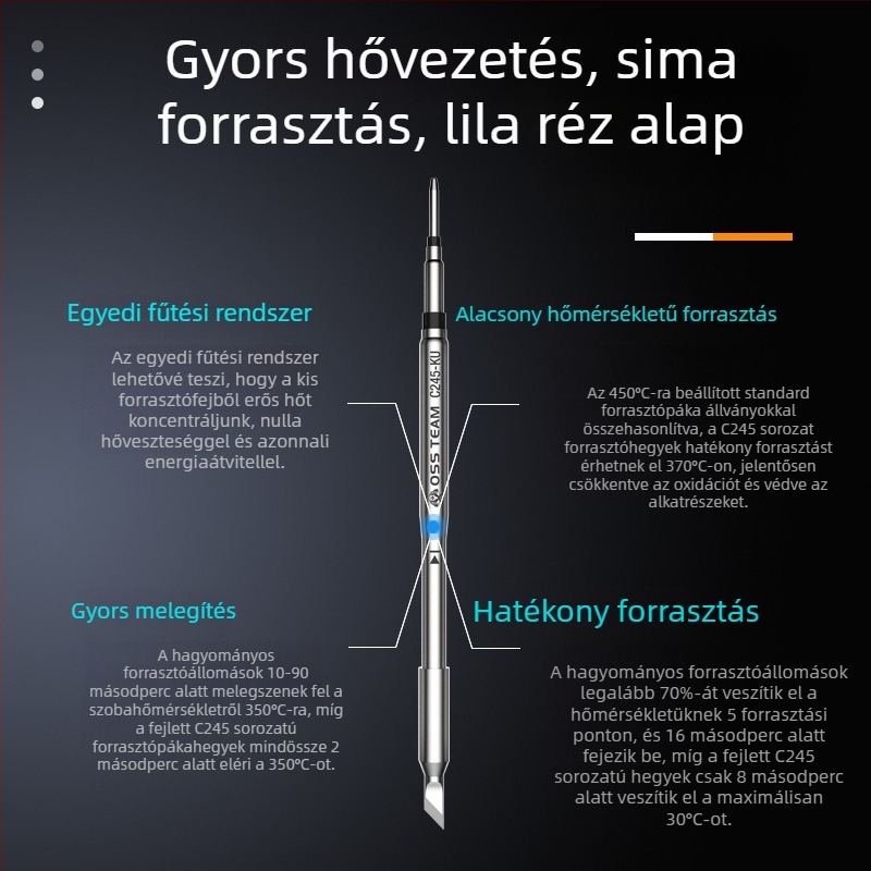 OSS TEAM C245 Állandó hőmérsékletű forrasztóállomás, Univerzális forrasztócsúcs, Beépített forrasztófej, Egyenes és ferde csúcs