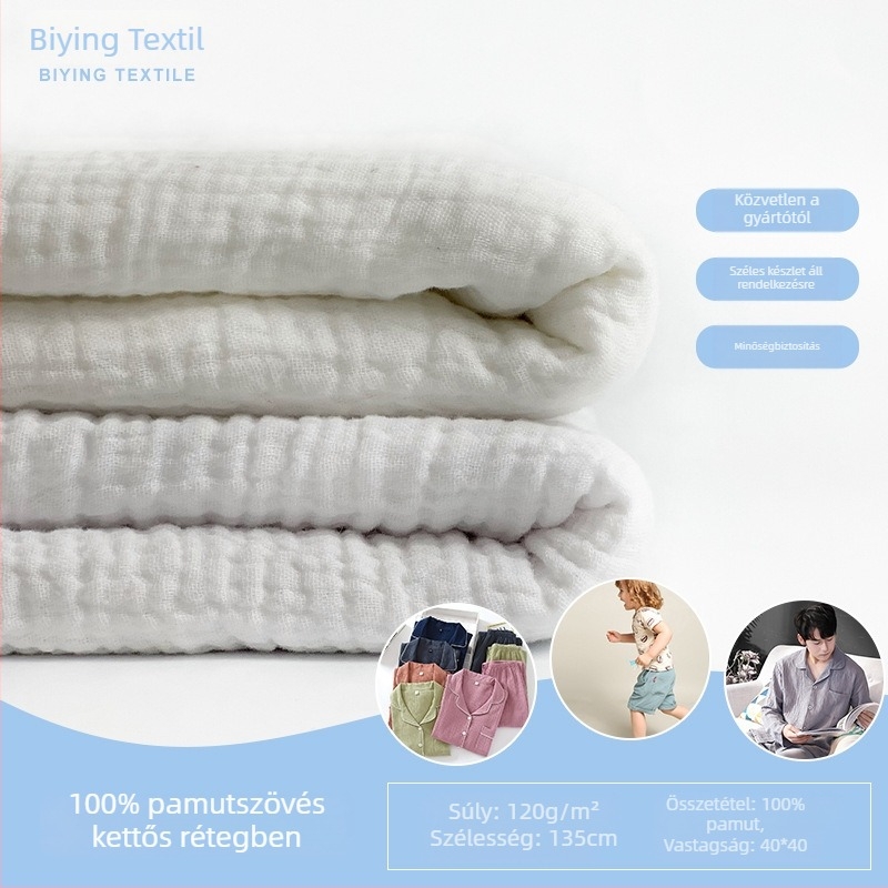 Kétrétegű pamut géz anyag buborékos textúrával és krepp felülettel, 100% pamut, babáknak.